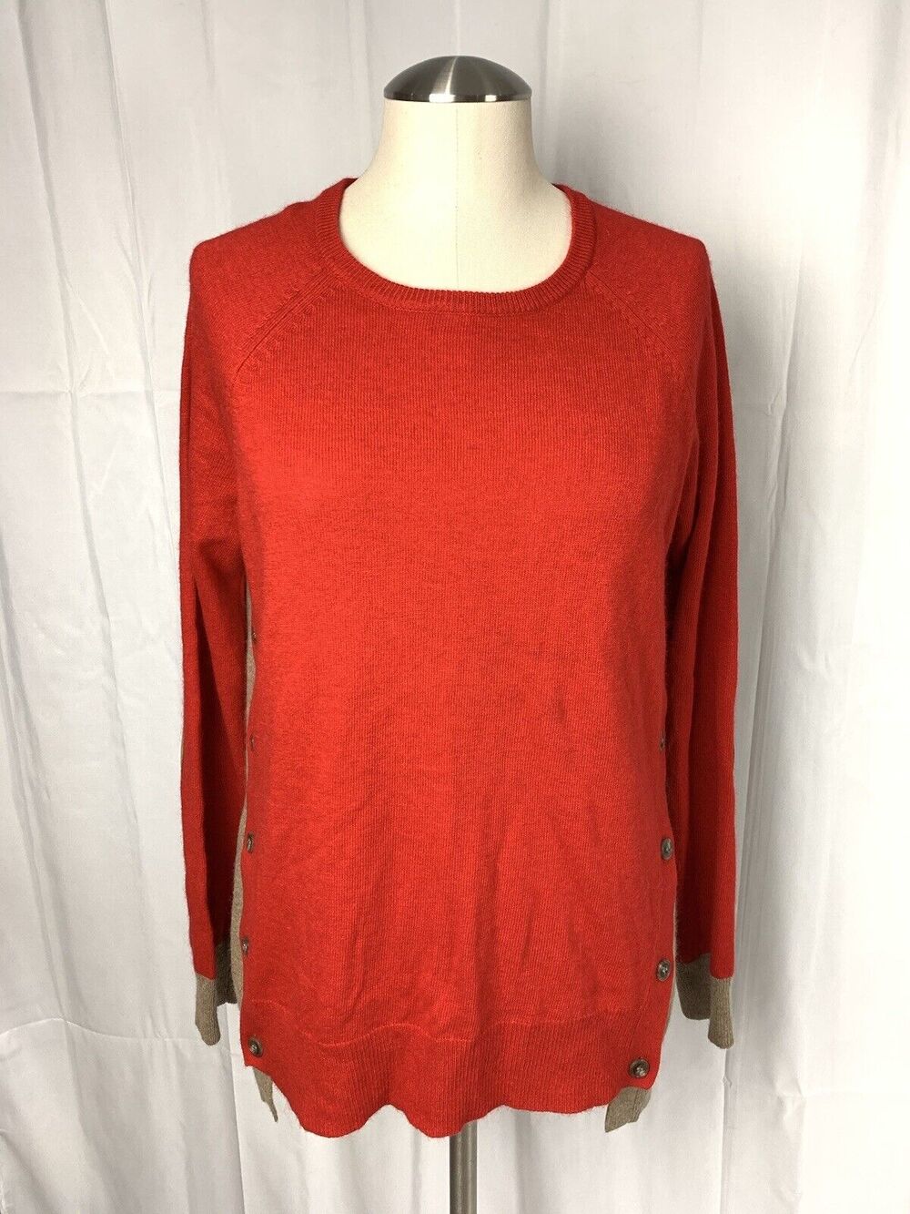 J Crew Women’s Pullover Red Beige Elbow Patch Preppy Button Casual Sweater S